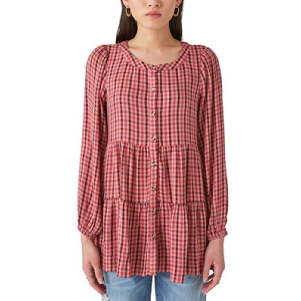 Lucky Brand Plaid Tiered Tunic Top Button Front Red Pink Size XL